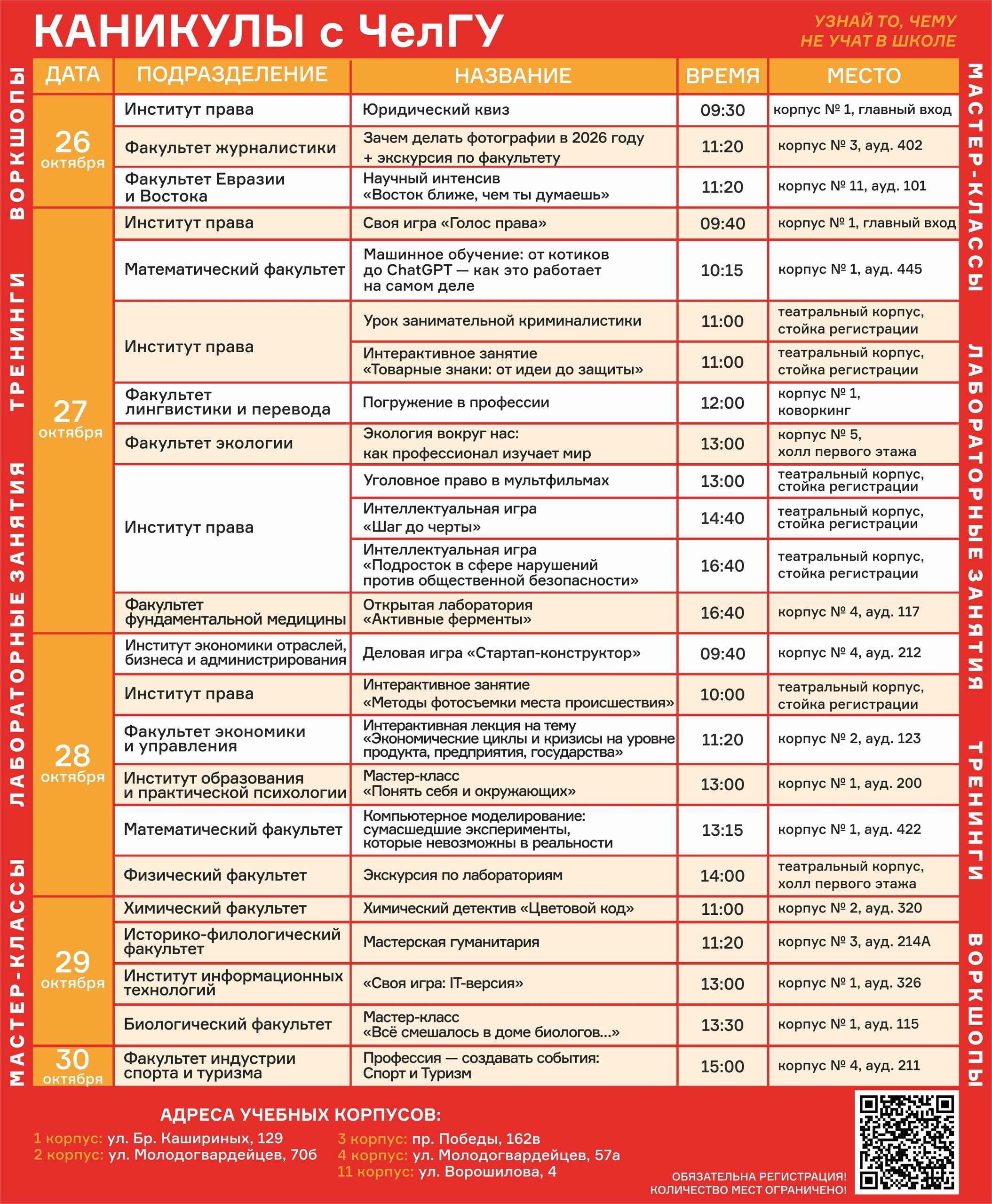 Каникулы с ЧелГУ 2026 расписание 2